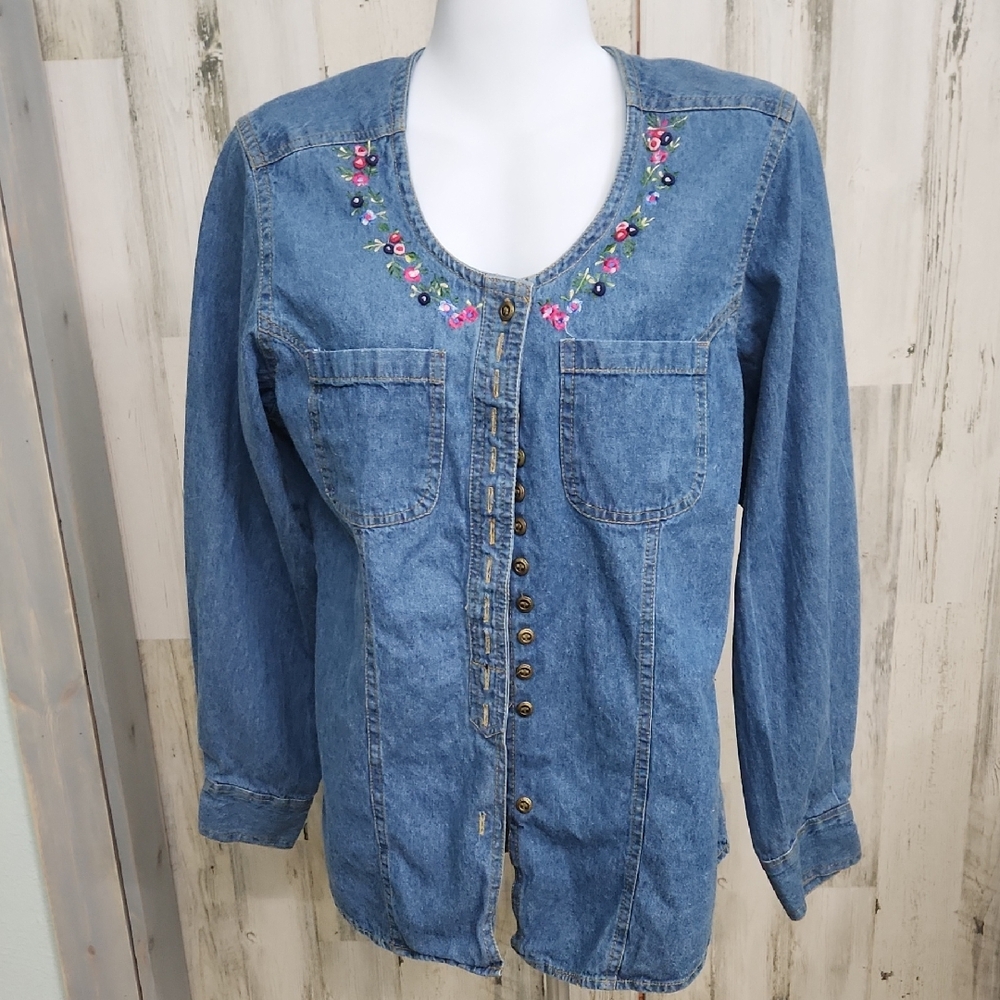 Embroidered Denim Jacket with Floral Accents